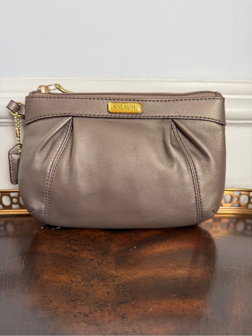 NWOT Coach Metallic Bronze Leather Wristlet Pouch
